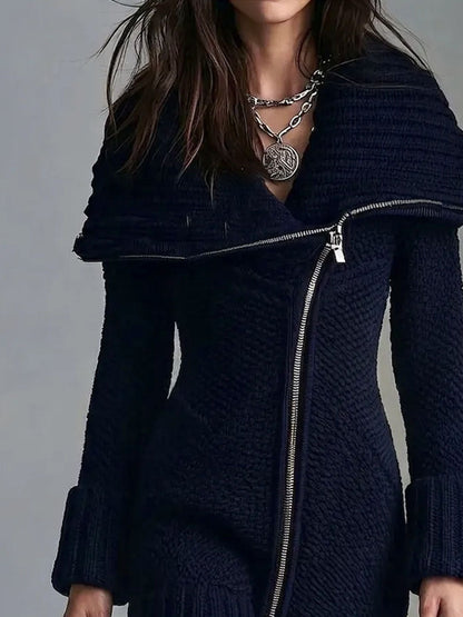Boho Chunky Cable Knit Asymmetric Zip Collared Sweater Dress
