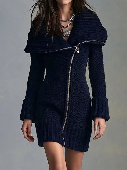 Boho Chunky Cable Knit Asymmetric Zip Collared Sweater Dress