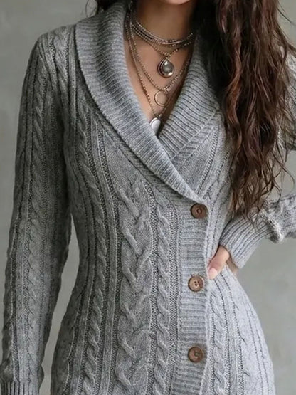 Boho Shawl Collar Cable Knit Wrap Dress With Wooden Button Asymmetric Hem