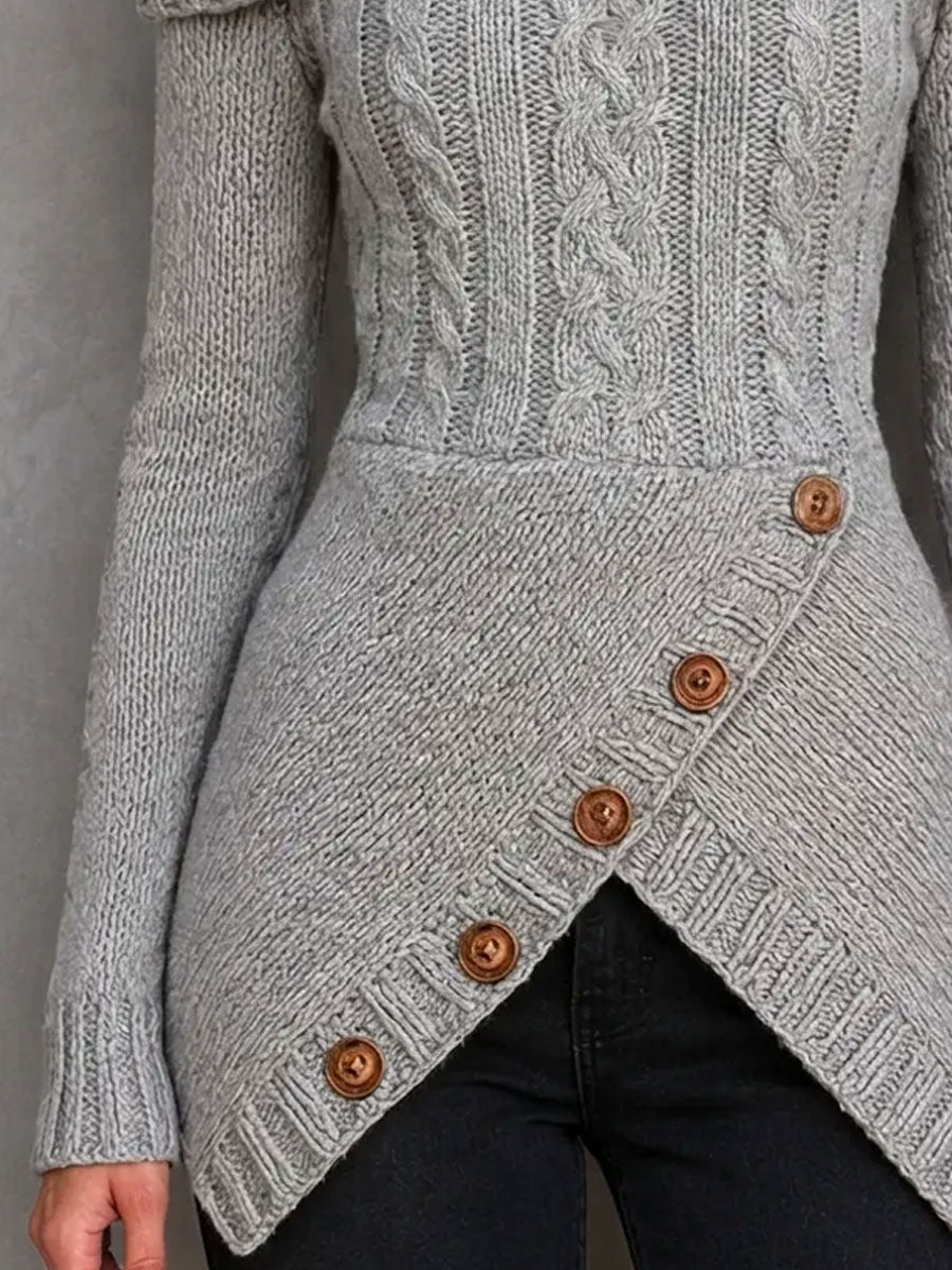 Boho Cowl Neck Cold Shoulder Cable Sweater With Asymmetrical Hem