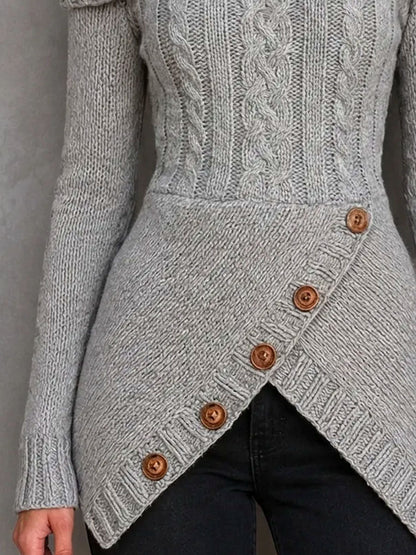 Boho Cowl Neck Cold Shoulder Cable Sweater With Asymmetrical Hem