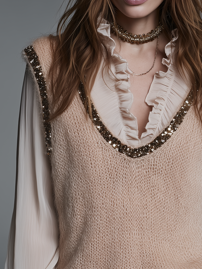 Elegant Beige Sequin Trim Knit Vest