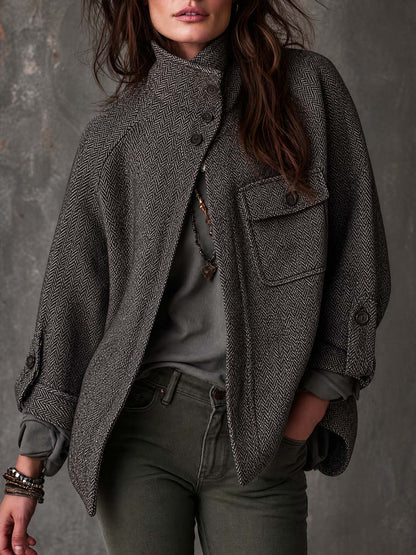Retro Funnel Collar Herringbone Jacket