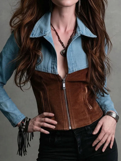 Boho Western Zip Up Denim Corduroy Spliced Crop Jacket