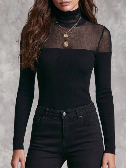 Quiet Luxury Black Sheer Mesh Turtleneck Knit Slim Long Sleeve Top