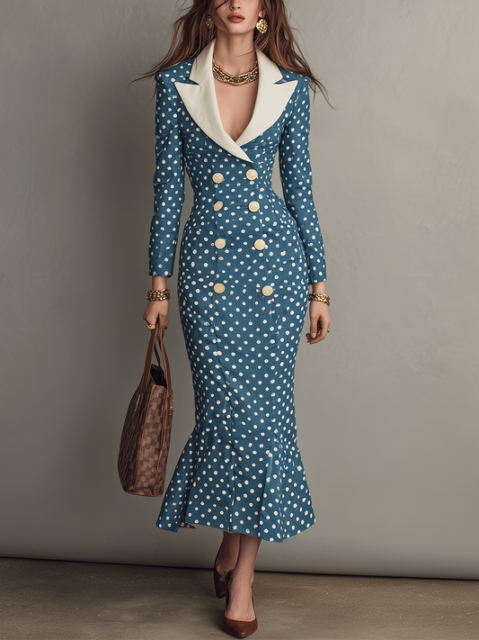 Refined Teal Polka Dot Contrast Lapel Midi Dress
