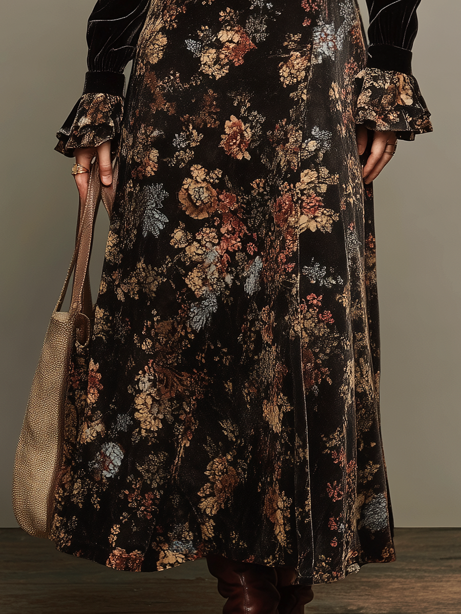 Elegant Black Velvet Floral Panel Maxi Dress