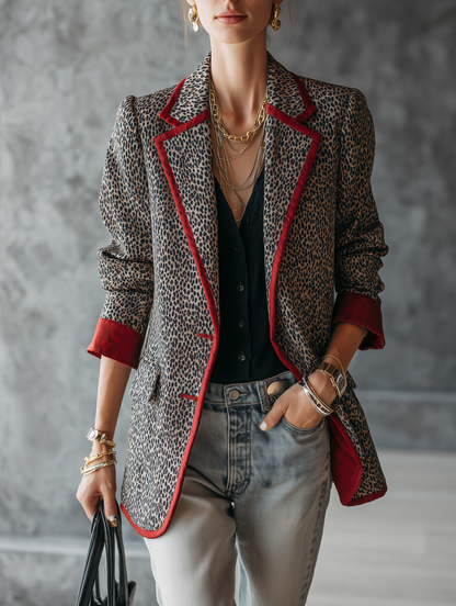 Vintage Luxe Leopard Print Crimson Trim Blazer