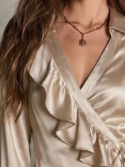Retro Quiet Luxury Satin Ruffle Detail Wrap Blouse