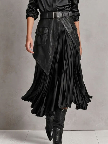 Quiet Luxury Black Satin Shirt Faux Leather Panel Pleated Midi Skirt Set