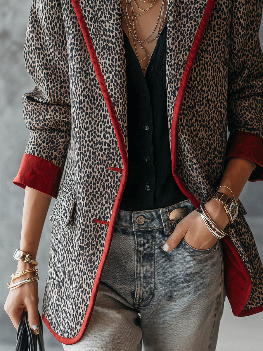 Vintage Luxe Leopard Print Crimson Trim Blazer