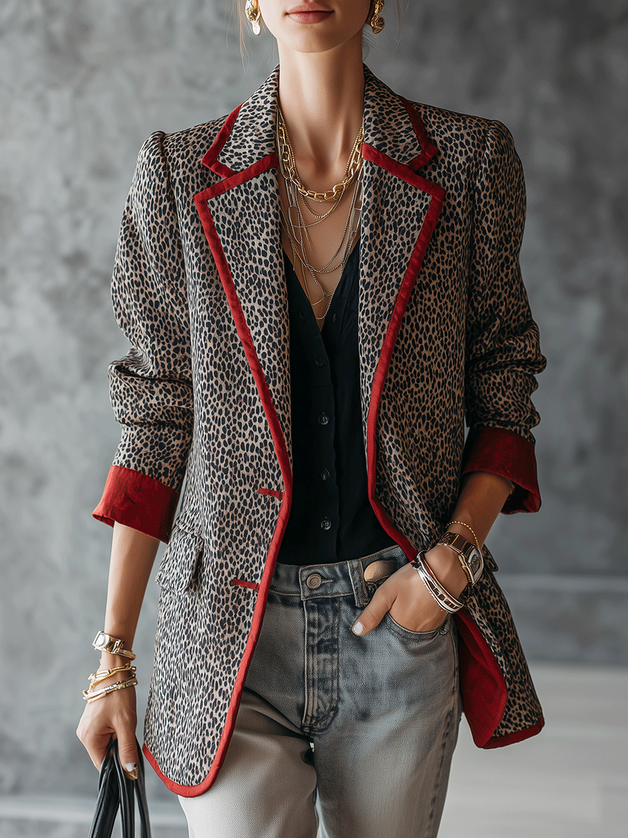Vintage Luxe Leopard Print Crimson Trim Blazer