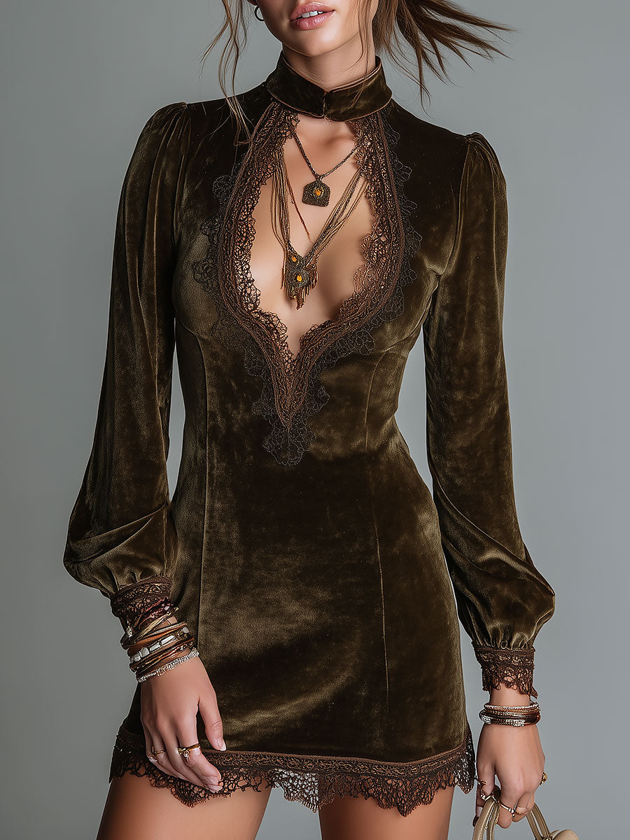 Retro Keyhole Neckline Velvet Mini Dress With Lace Trim