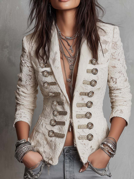 Vintage Military-Style Decorative Buttons Lace Blazer
