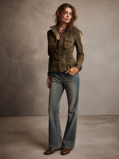 Women's Cinched Waist Detail Olive Military Style Eco-friendly Suede Jacket