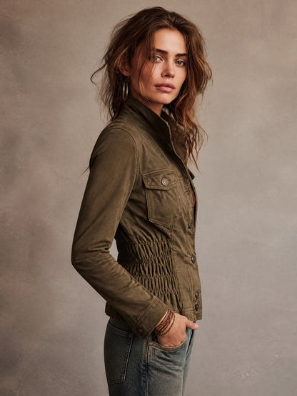 Women's Cinched Waist Detail Olive Military Style Eco-friendly Suede Jacket