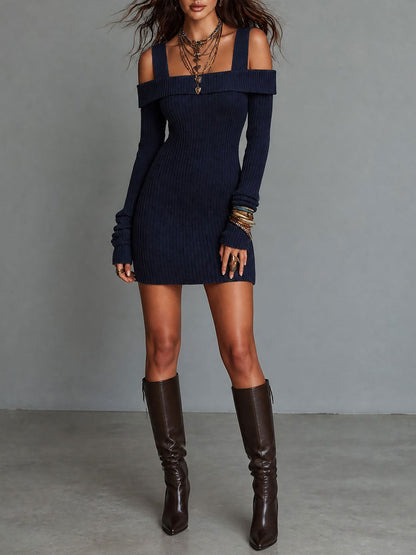 Retro Off-Shoulder Ribbed Knit Bodycon Mini Dress
