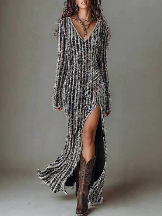 Boho V-Neck Fringe Textured Knit Maxi Dress With High Slit