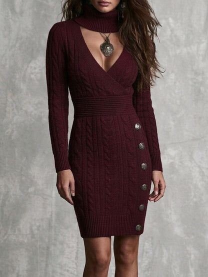 Retro Wrap V Neck De Burgundy Cable Knit Dress With Detachable Turtleneck