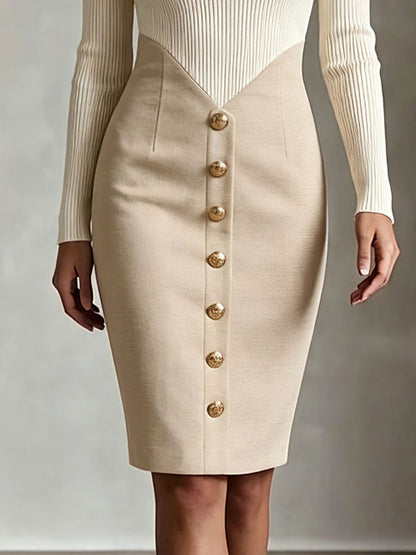 Quiet Luxury Square Neck Contrast Panel Office Pencil Dress