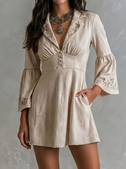 Retro Boho Lapel Oatmeal Embroidered Mini Dress With Flare Sleeve