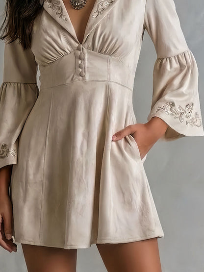 Retro Boho Lapel Oatmeal Embroidered Mini Dress With Flare Sleeve