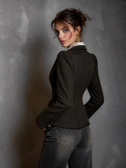 Vintage Tailored Herringbone Blazer with Contrast Lapels