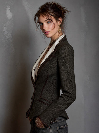 Vintage Tailored Herringbone Blazer with Contrast Lapels