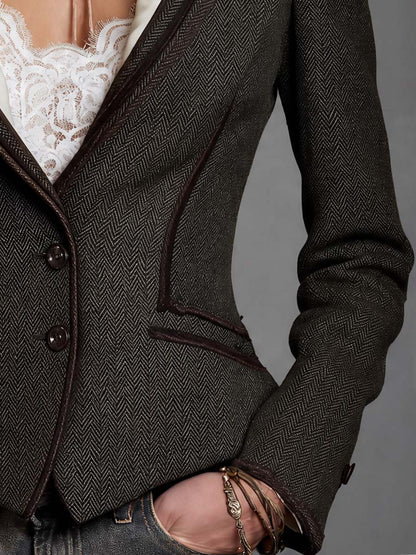 Vintage Tailored Herringbone Blazer with Contrast Lapels