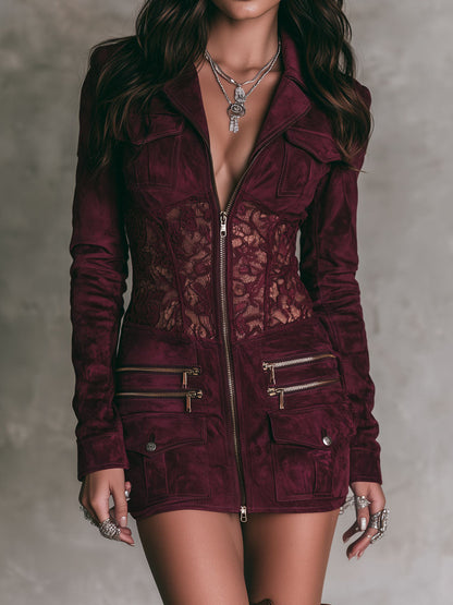 Edgy Gothic Lace Waist Zip‑Up Microsuede Shirt Dress With Multi‑Pocket