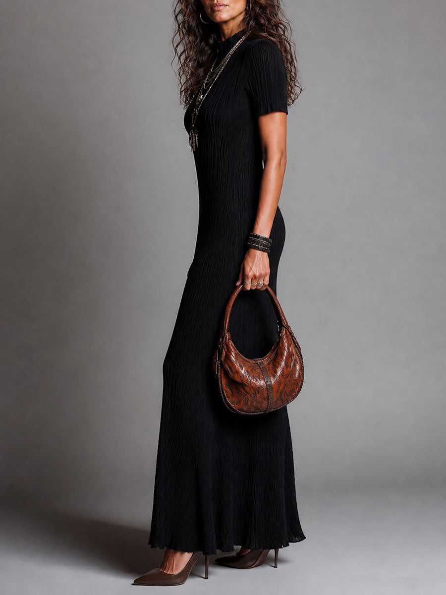 Elegant Mock Neck Knit Short Sleeve Maxi Dress
