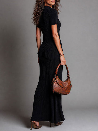 Elegant Mock Neck Knit Short Sleeve Maxi Dress