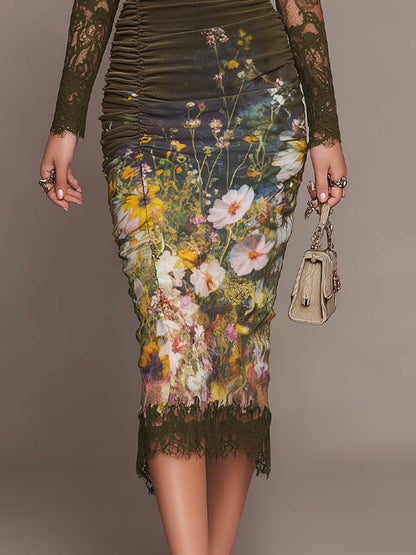 Oil Painting-style Floral Printed Polyester Velvet Midi Dress