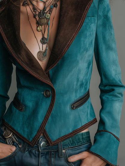 Retro Lapel Zipper Detailing Slim-fit Blazer With Single-button