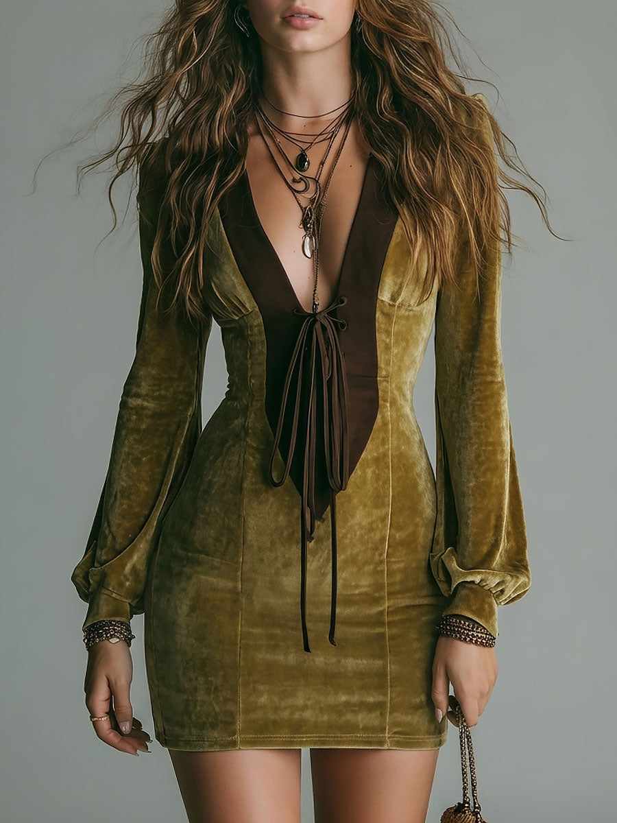 Vintage Olive Velvet Deep V-Neck Tie-Front Mini Dress