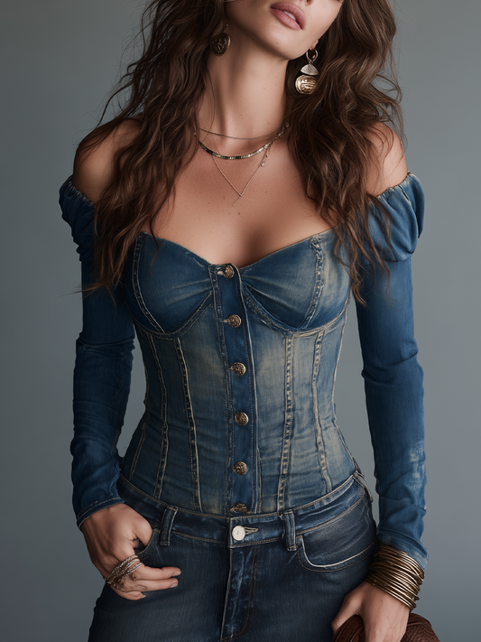 Vintage Blue Wash Corset Denim Top