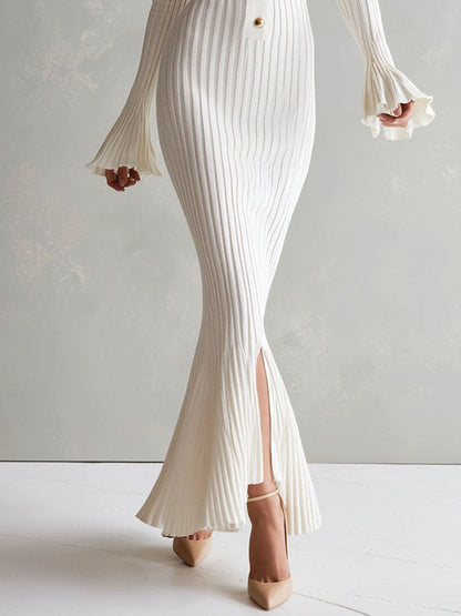 Quiet Luxury Polo Neck Knit Mermaid Gold Buttons Maxi Dress