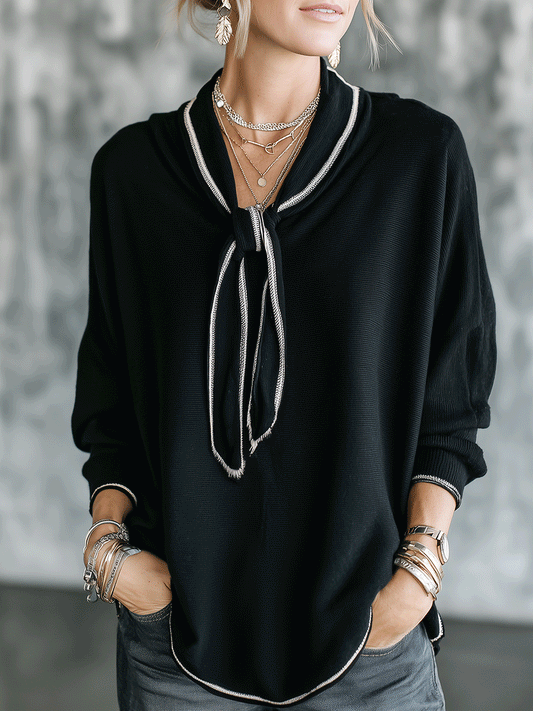 French Knit Draped-Fit Classic Black Contrast Piping Tie-Neck Blouse
