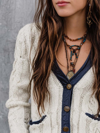 Vintage Faux Leather Contrast Trim Cable-knit Cardigan