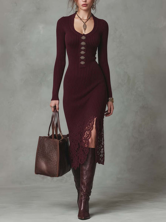 Vintage Burgundy Ribbed Knit Decor Metal Buttons Lace Hem Side Bodycon Midi Dress