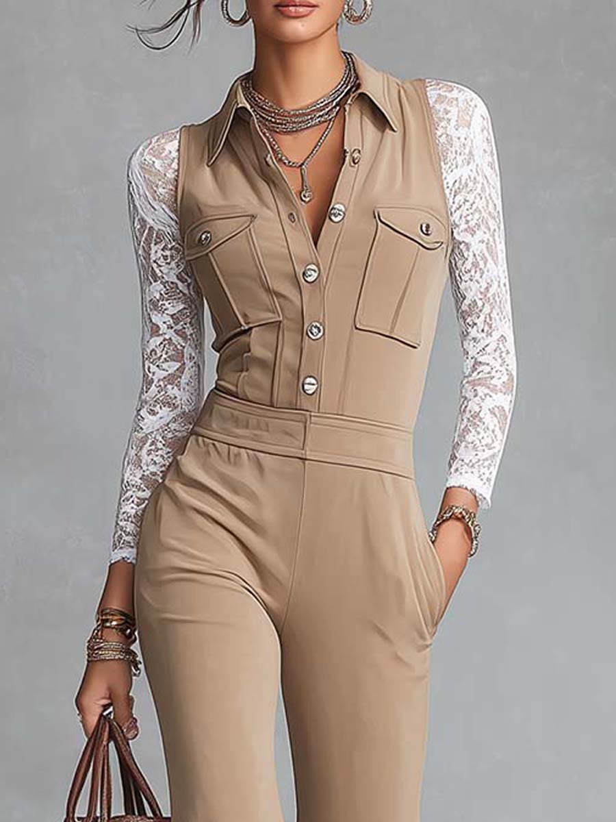 Retro Stretch Knit Faux Two-piece Pocket Detail Utility Khaki Jumpsuit