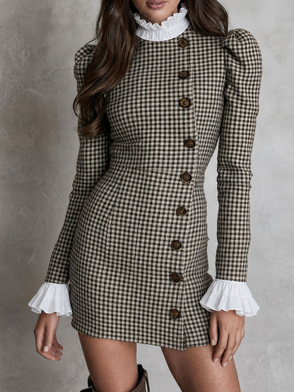 Vintage Houndstooth Contrast Ruffle Cuff Bodycon Dress