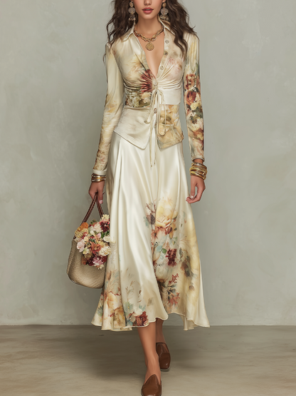 Elegant Ivory Floral Print Satin Skirt Set