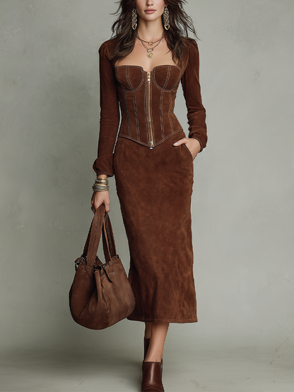 Sculpted Chocolate Brown Corset Skirt Set