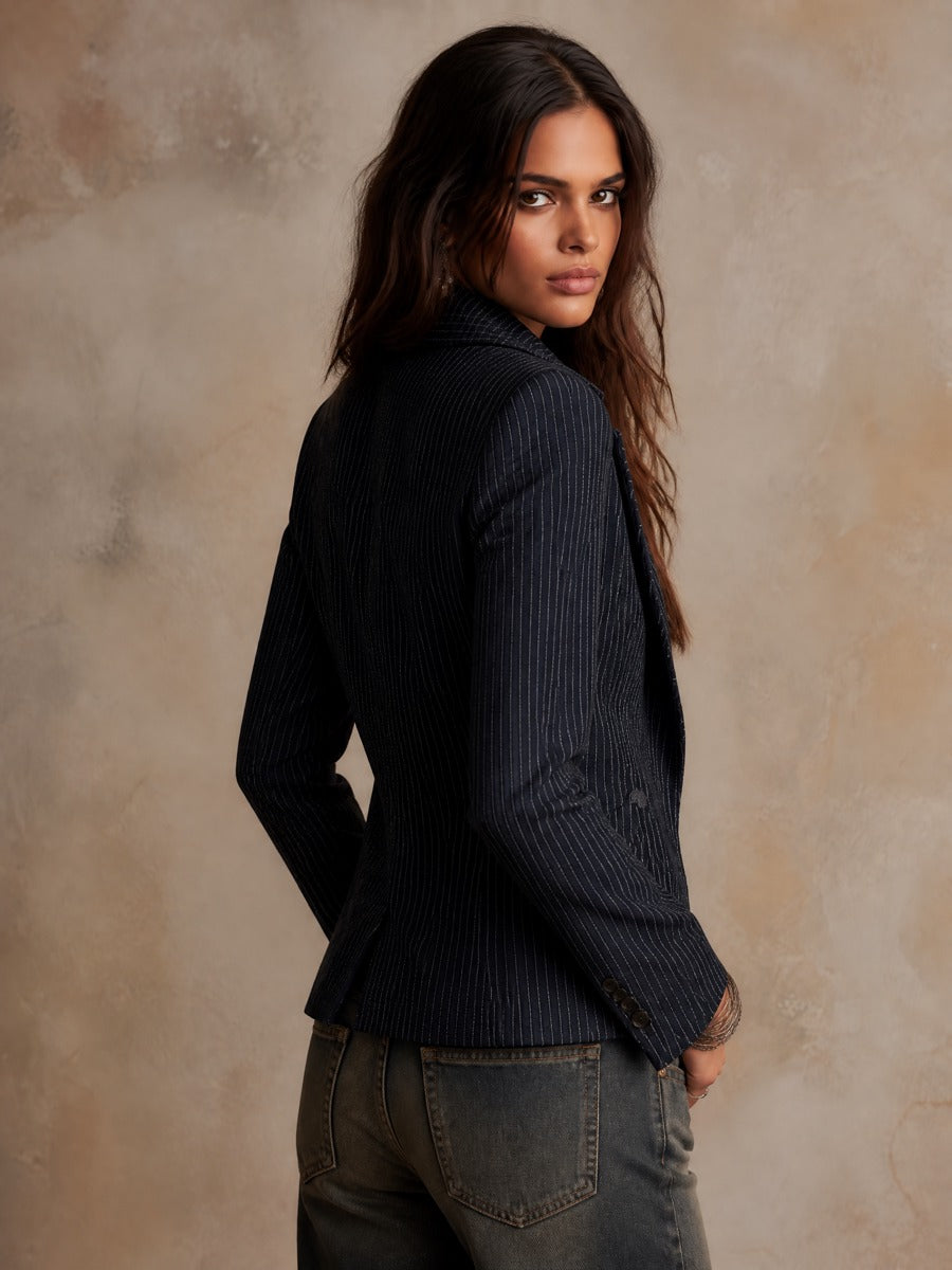 Vintage Denim Pinstripe Double-Breasted Blazer Jacket