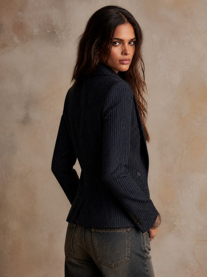 Vintage Denim Pinstripe Double-Breasted Blazer Jacket