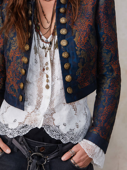 Vintage Stand Collar Double-breasted Printed Cropped Jacket