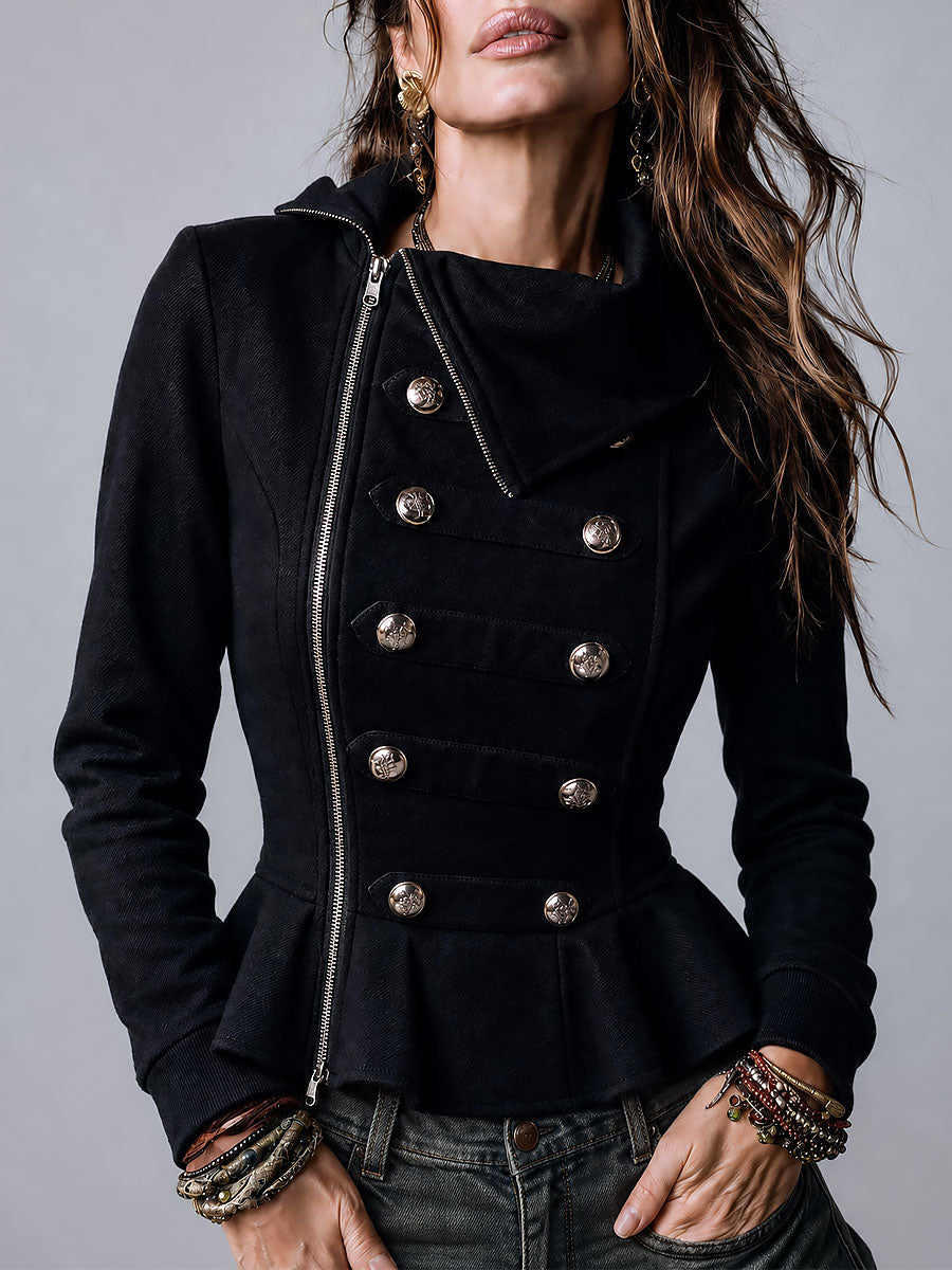 Boho Military Style Asymmetric-placket Double-Breasted Buttons Peplum Jacket