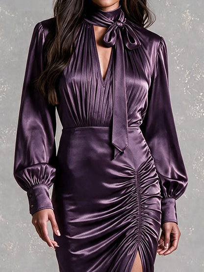 Retro Elegant Bow‑Tie Neck Dark Purple Satin Ruched Slit Midi Dres