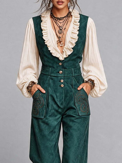 Emerald Suede Wide-Leg Jumpsuit
